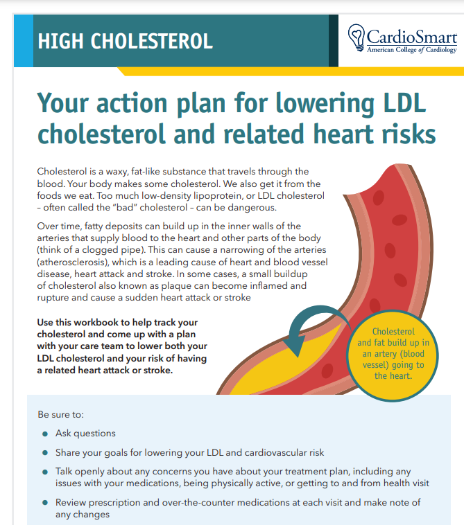 ACCinTouch's tweet photo. The #CardioSmart workbook Your Action Plan for Lowering LDL Cholesterol and Related Heart Risks will help your patients track their cholesterol &amp; devise a plan to ⬇️ both their LDL #cholesterol &amp; risk of having a #heartattack or #stroke. https://t.co/lSKlfyn3ZG #ACC22 #cvAMI https://t.co/ZneX8tL7L3