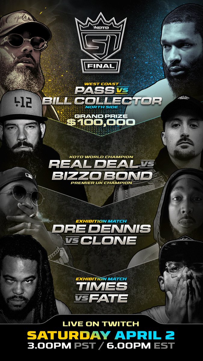 BattleRapStats's tweet photo. #KOTDS1 going down now!!!! $100K going to one of the best in the game!!! 

100K FINALS 
Pass vs Bill Collector
 
CHAMPIONS MATCH
Real Deal vs Bizzo Bond

LEAGUE OWNERS
Dre Dennis vs Clone

EXHIBITION
Times vs F.A.T.E. 

@ijc_official judges on the job!!! https://t.co/eq49ZaGcMJ