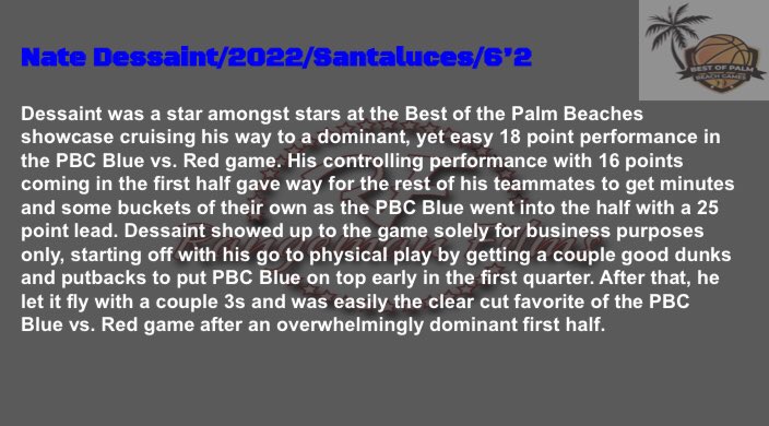 Rangeman_Films's tweet photo. The MVP from the PBC blue at the 2nd annual High School BOTPB showcase, @natedessaint from @SHS_ChiefsBball dropped 18 to show Palm Beach that he’s really one of the best amongst the best. @PBCBBallForum @CarringtonIble https://t.co/50WlYuetur
