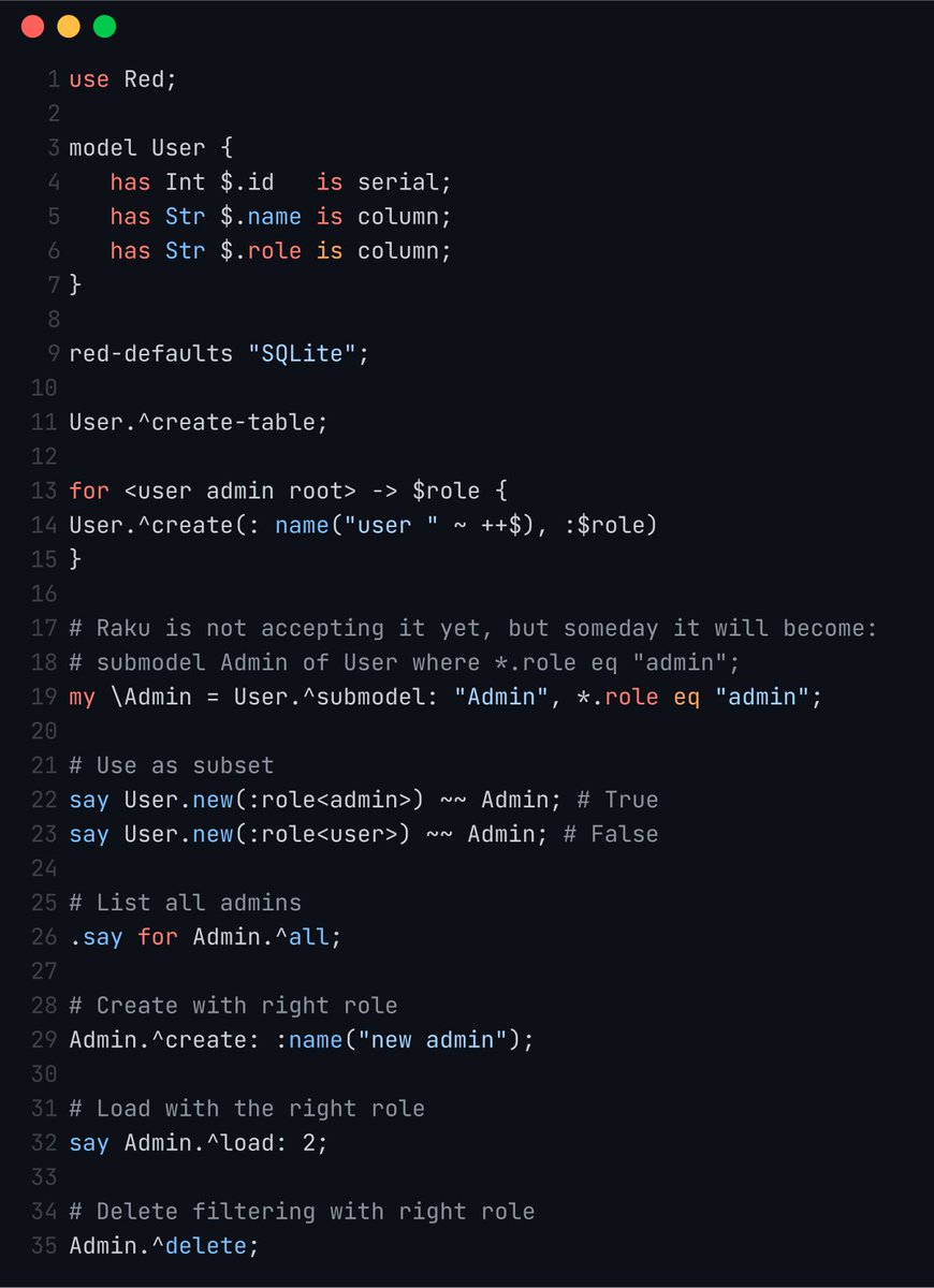 smokemachine's tweet photo. #rakulang #RedORM Now Red has a submodel meta method to make it easier to search/create/delete rows with specific data. (Thanks @bernam92 for giving me the idea on your last twit you "sent" me) https://t.co/x1tpT5MOW6