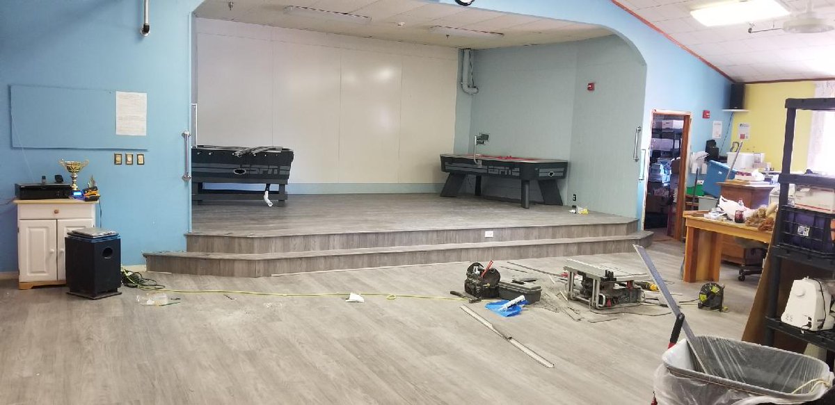 Flooring it .....old church auditorium turned daycare. Stage with a new step turned out ok..