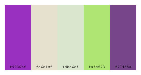 ColPaletteBot's tweet photo. Beep beep, here's a pretty color palette for you! 

color-scheme.js parameters used: 
- hue: 303
- variation: pastel
- colors: #9930bf, #e6e1cf, #dbe6cf, #afe673, #77458a

Have a lovely evening!

#twitterbot #colorpalette #colors #palette #prettycolors https://t.co/Qp07GocfIy