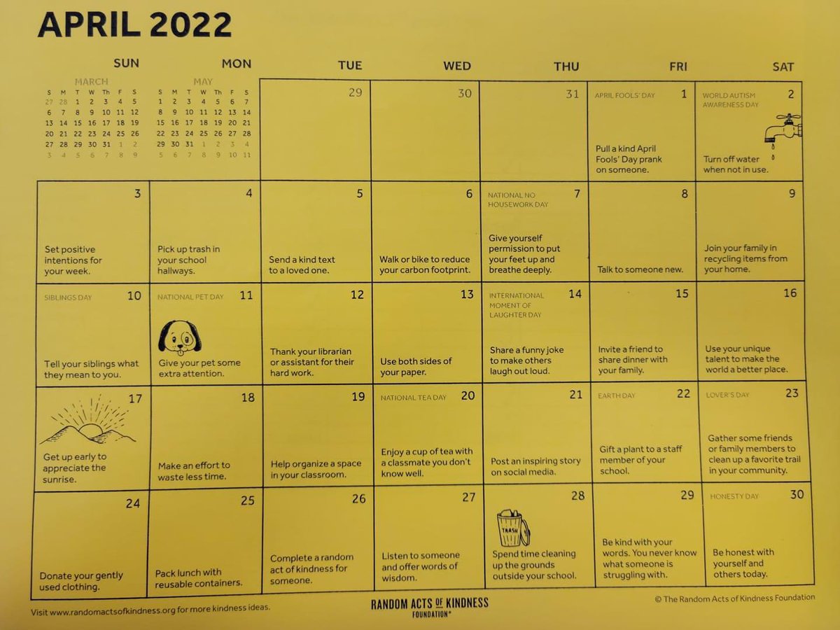 DrTameraRCarter's tweet photo. Payne STEAM Academy's April Kindness Calendar of events is here! We started off Friday with kind April fools jokes. We hope you had a great day &amp; didn’t get fooled. Mrs. Carter tricked us all. She made us think we had to come to school this weekend! @Jimmerosity @SCSStudentsFir1 https://t.co/ykXi1Sty6p