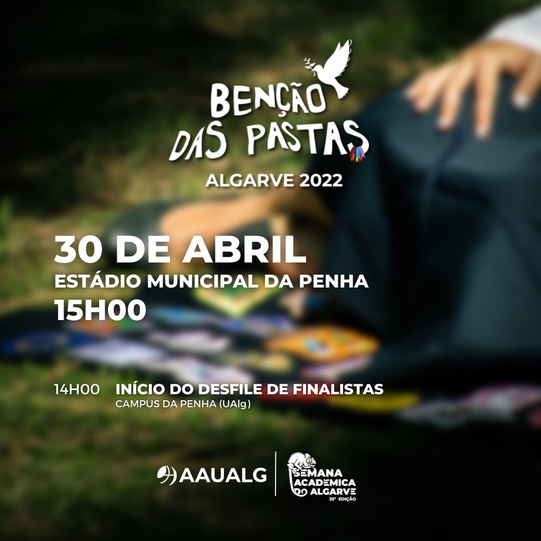 🎓 Está a chegar o momento de festejar o percurso dos finalistas da academia!

ℹ️ Aponta na agenda para que não percas nada deste momento único:

📍Campo Municipal da Penha 
🗓 30 de abril de 2022
🕒 15H00

🧑‍🎓 O desfile de finalistas tem início às 14H00 no Campus da Penha (UAlg).
