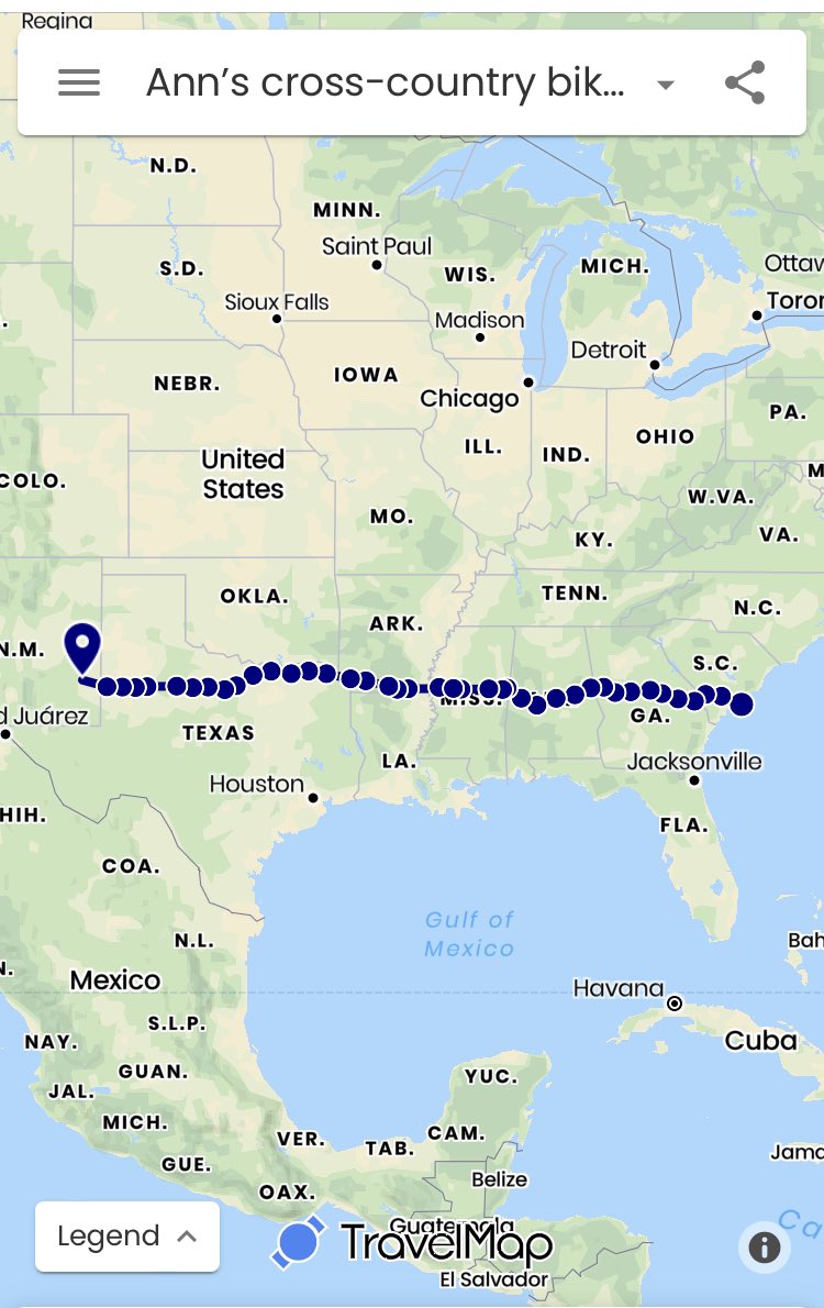 A friend of a friend from Boston retired in Jan and is on a cross country bicycle ride.  I met up with Ann today (4-2-22) between Tatum &amp; Roswell.  She’s averaging 40 m a day and is headed toward Capitan, Carrizozo &amp; San Antonio.  If ur in the area please stop and cheer her on.