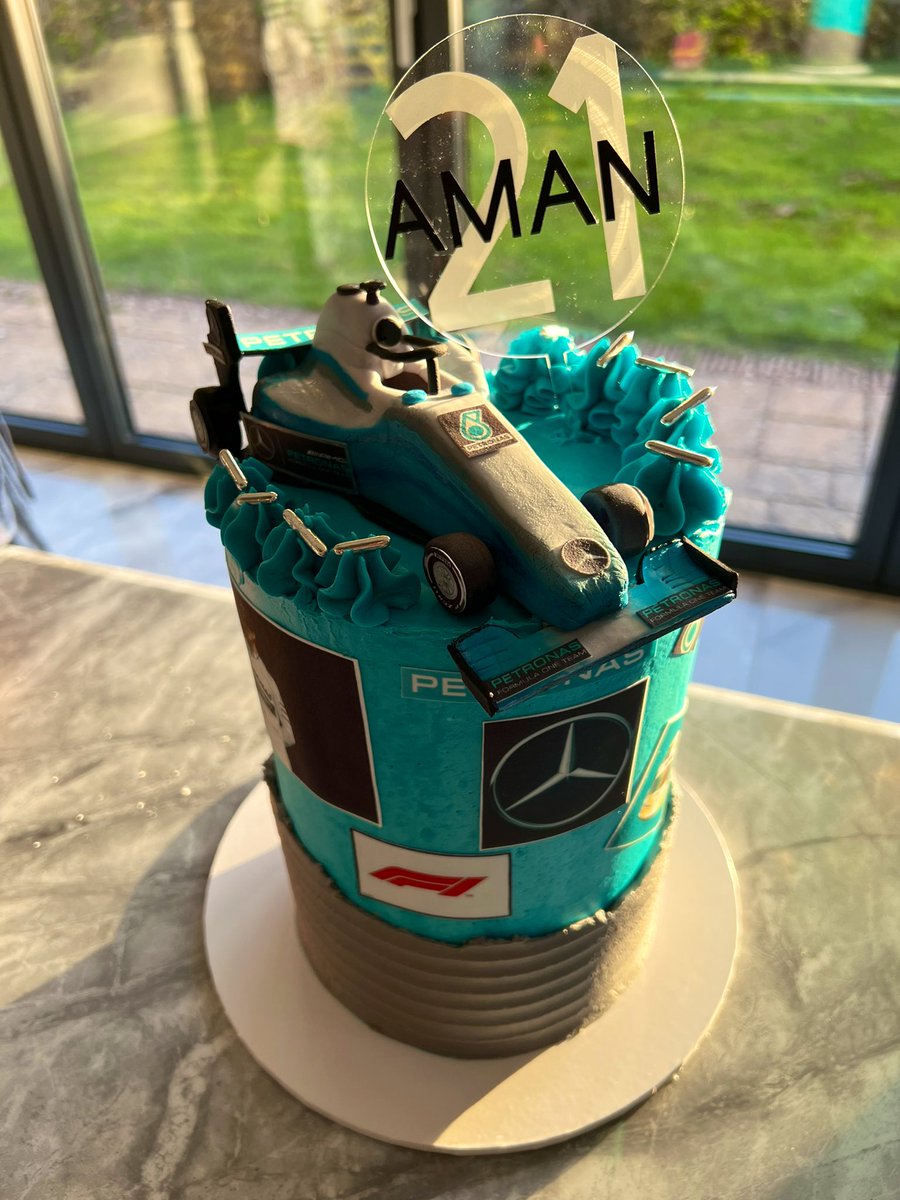 NinaJaspal's tweet photo. Thank you so much @LuHillsdon for my brothers 21st birthday cake! It’s everything we wanted and more! It certainly went down a treat 😍 @MercadesF1 @LewisHamilton #Formula1fan #F1Cake #MercadesF1 https://t.co/tDzT5inl2a