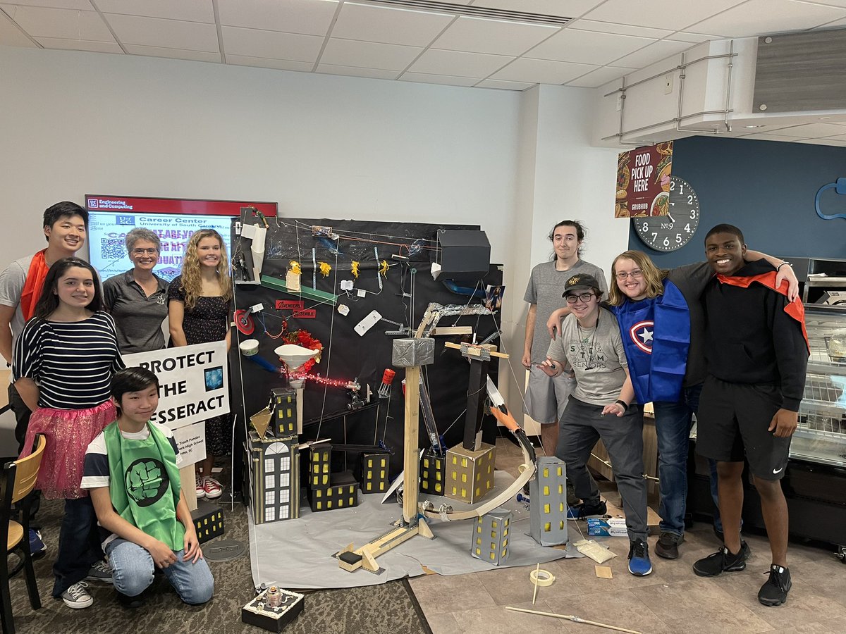 RobinAmick's tweet photo. Great Saturday spent with this awesome group at the USC Theta Tau Rube Goldberg Competition. First place, possibly under unusual circumstances, but the experience was the best! Love these kids! @DFHSSTEM @dutchforkhigh @LexRich5Schools @uscthetatau https://t.co/8SllumgZH9