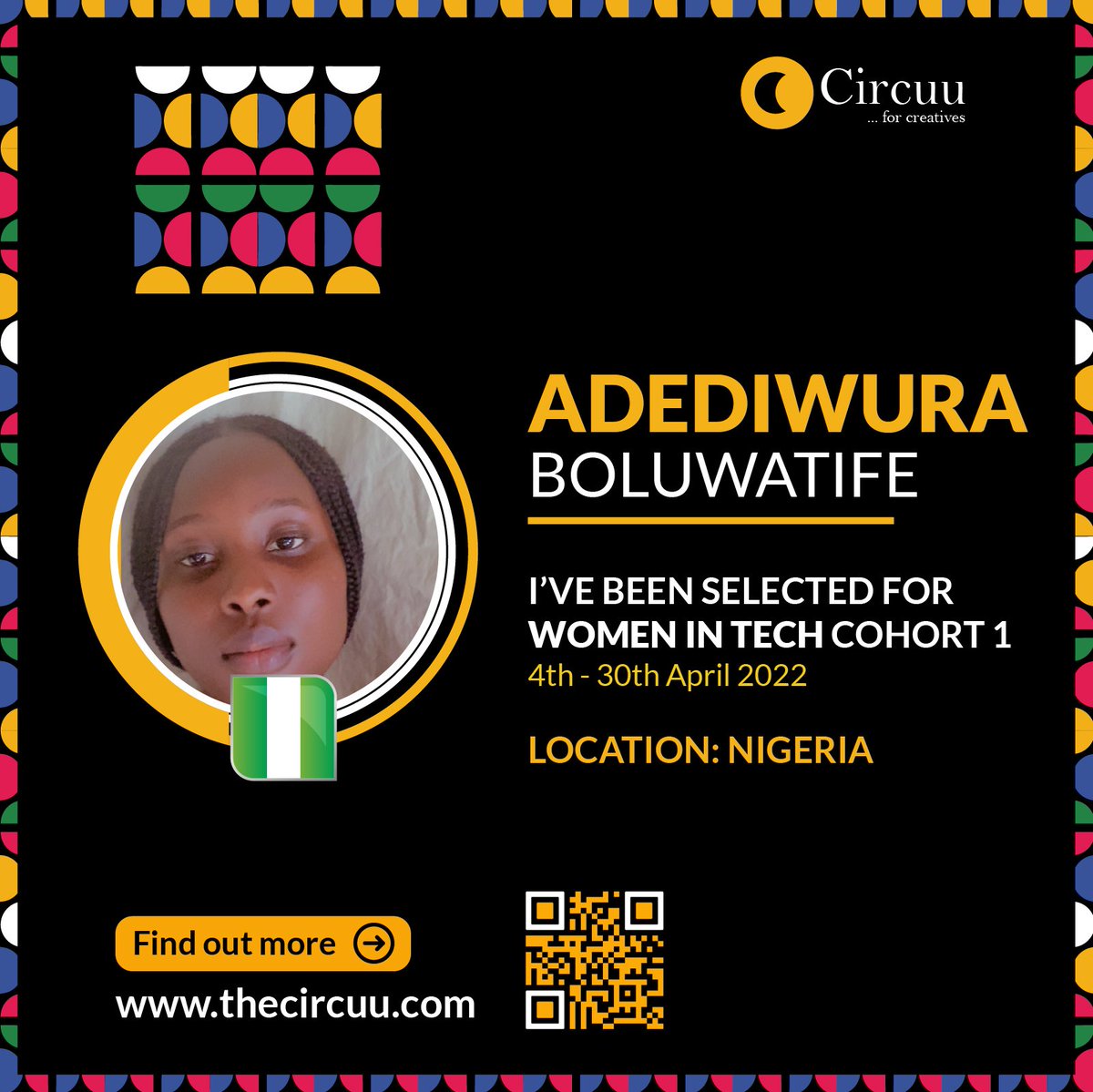 Boluwat88136512's tweet photo. So happy to be selected as one of the learners of the circuu women in tech cohort 1 
Excited and really thankful to the circuu team 
#TheCircuu #WomenInTech #WIT #1BCircles #proudproductdesigner #BreakTheBias #grateful https://t.co/WLm0XfZu43