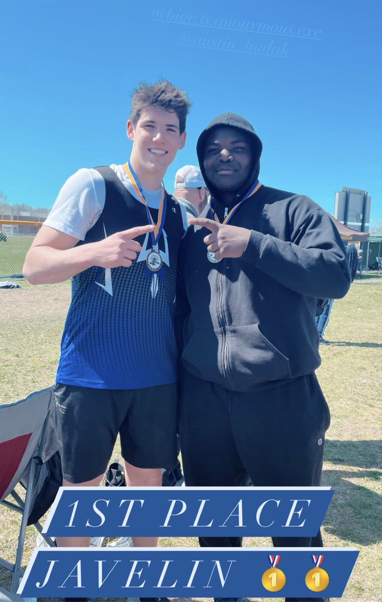 HammHSBoysTrack's tweet photo. @HudakAustin and @ElijahChurch10 take first in the Javelin relay! Senior Austin Hudak also breaks the school record AGAIN with a 188’2! 🥇🥇 https://t.co/ee6L9j0efI