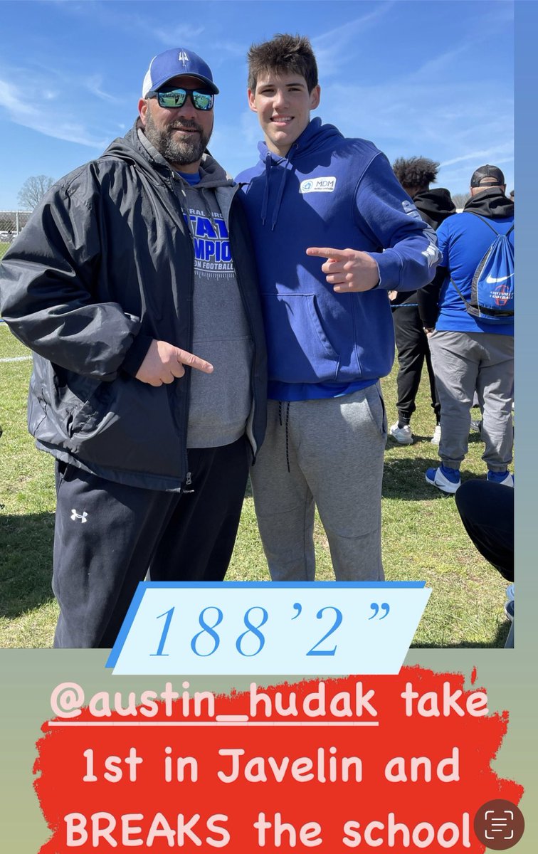HammHSBoysTrack's tweet photo. @HudakAustin and @ElijahChurch10 take first in the Javelin relay! Senior Austin Hudak also breaks the school record AGAIN with a 188’2! 🥇🥇 https://t.co/ee6L9j0efI