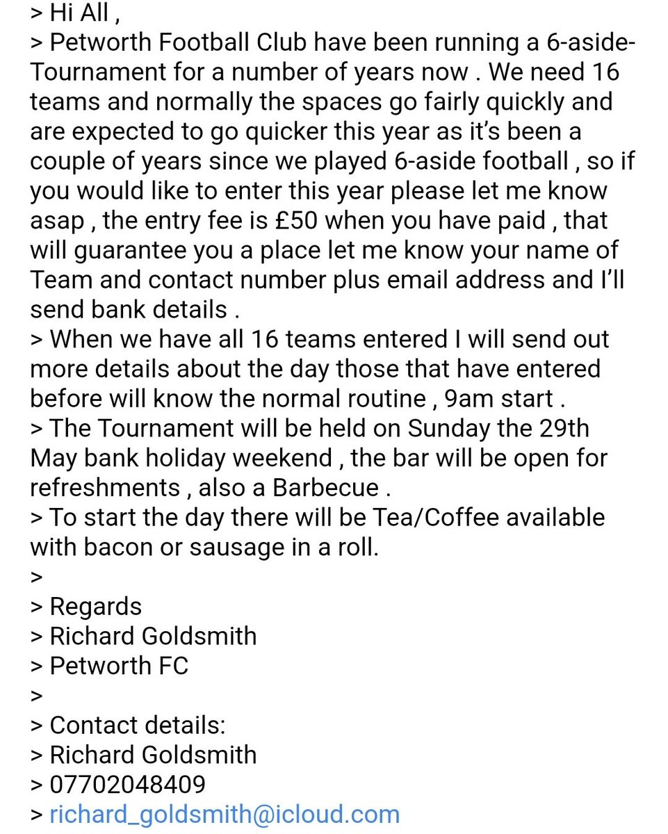 PetworthFC's tweet photo. PETWORTH 6ASIDE
29TH MAY
PLEASE TEXT OR EMAIL. 
DETAILS IN THE PHOTO https://t.co/bhS9MbJ9GP
