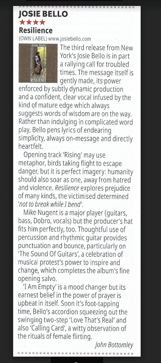 GuitarOneRecord's tweet photo. Check out this review for Josie Bello's (@JosieBello3) album "Resilience."  This review is from a U.K. music magazine (RnR Magazine)

Josie's album continues to receive global recognition in the Folk &amp; Americana industries.  Listent to "Resilience" wherever you stream your music! https://t.co/wgpn4z6kLy