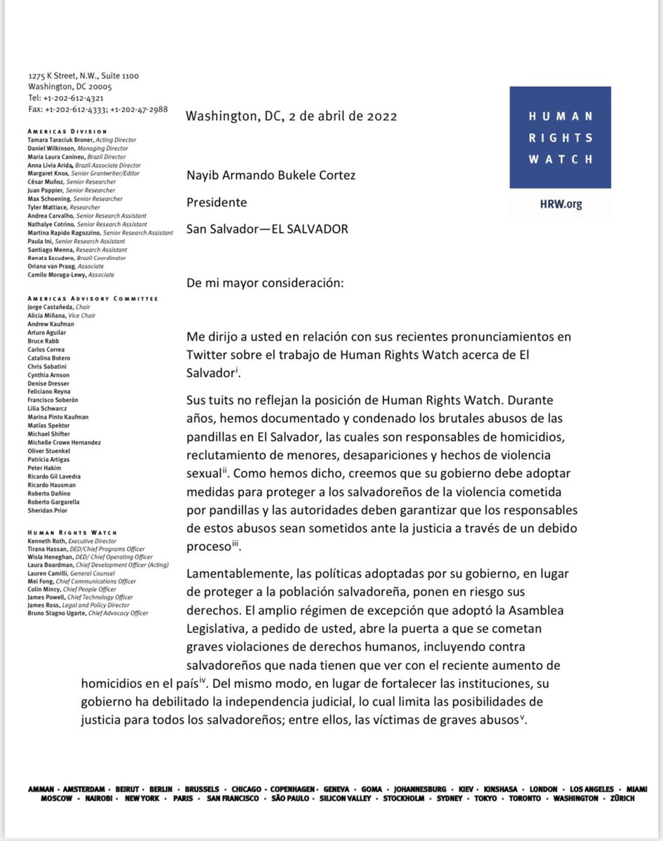 TamaraTaraciuk's tweet photo. Hoy le envíe esta carta al Pdte. @nayibbukele.
Sus tuits tergiversan las posiciones de Human Rights Watch.
Le solicité una reunión para conversar sobre la preocupante situación de derechos humanos en El Salvador y los desafíos del país en materia de seguridad. https://t.co/FrTuUgcq0q