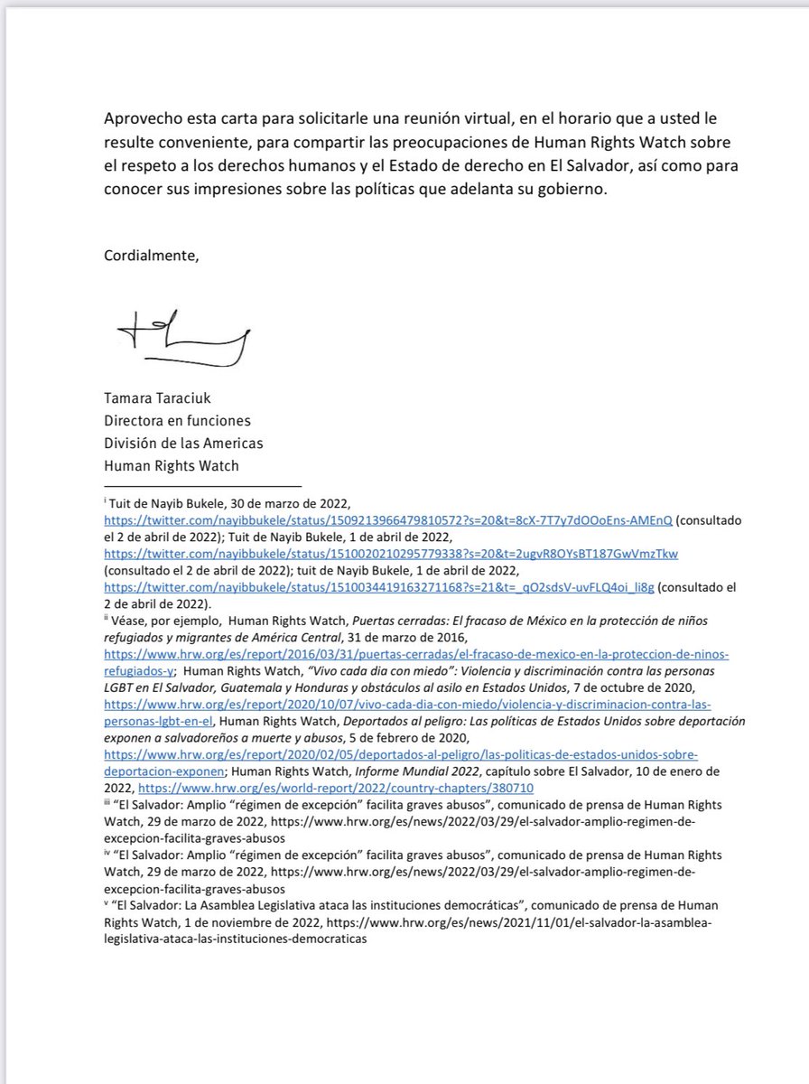 TamaraTaraciuk's tweet photo. Hoy le envíe esta carta al Pdte. @nayibbukele.
Sus tuits tergiversan las posiciones de Human Rights Watch.
Le solicité una reunión para conversar sobre la preocupante situación de derechos humanos en El Salvador y los desafíos del país en materia de seguridad. https://t.co/FrTuUgcq0q