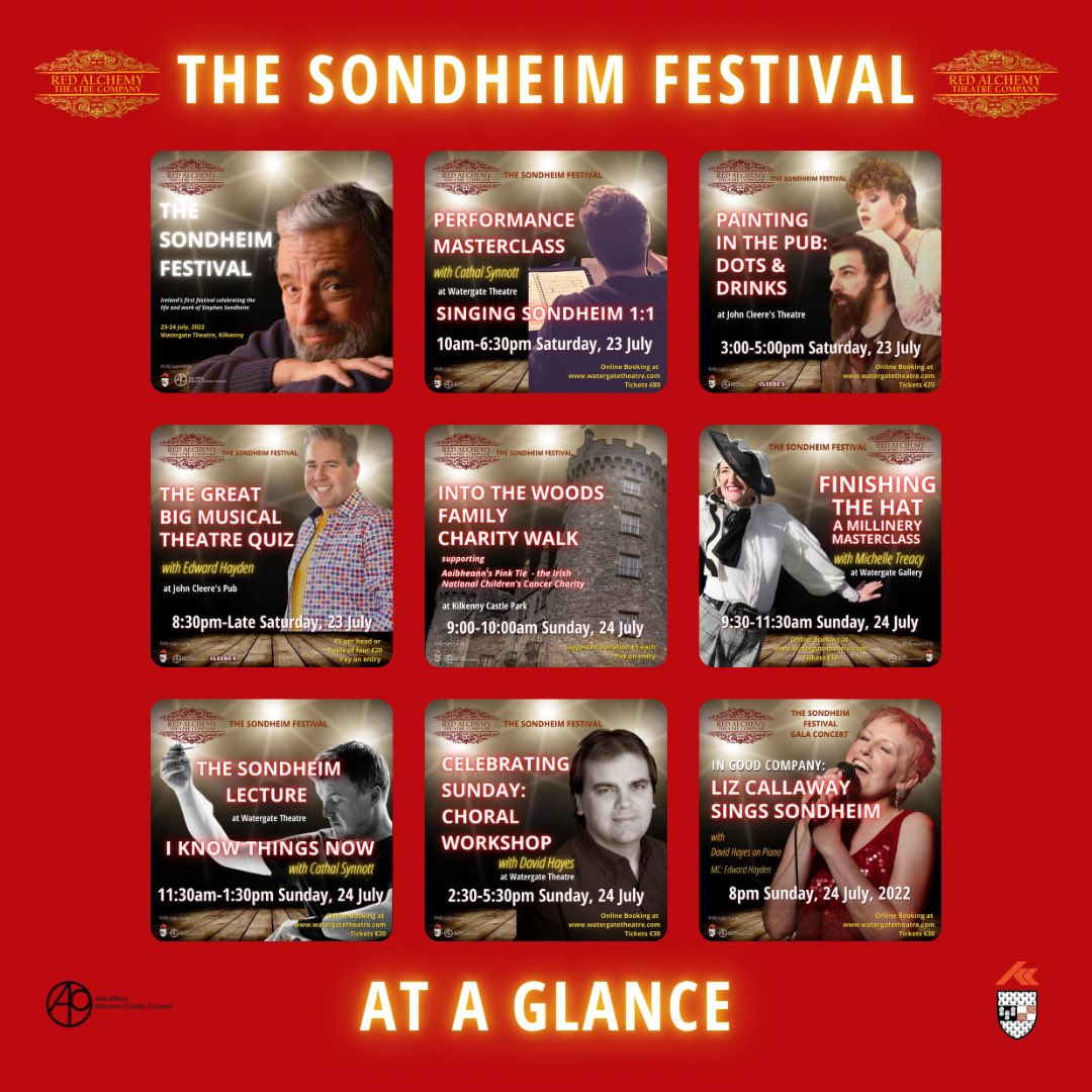 So many fabulous events going on sale 12 noon tomorrow for @thesondheimfest watergatetheatre.com. For soloists, choral singers, quizzers, wannabe painters & milliners, drinkers, walkers & audiences! 
#stephensondheim #thesondheimfestival #redalchemytheatrecompany