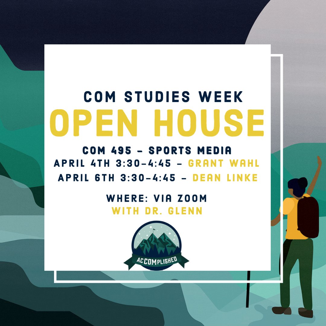 UNCWCOM's tweet photo. All students are welcome to this event! Join Professor Glenn and his students to hear both speakers offer Sports Media Related knowledge. Registration and Zoom links are available at https://t.co/eF9OmrHWHZ! #accomplished #csw2022 #comstudies #openhouse https://t.co/Sqz80jD1Oo