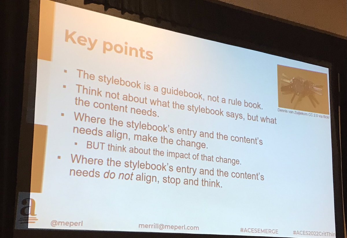 kindersteele's tweet photo. One of the key points of effective critical thinking in editing is to think not about what the stylebook says but what the content needs. #ACESEditors #ACESEMERGE #ACES2022CritThinking https://t.co/zm4Cm4qVl3