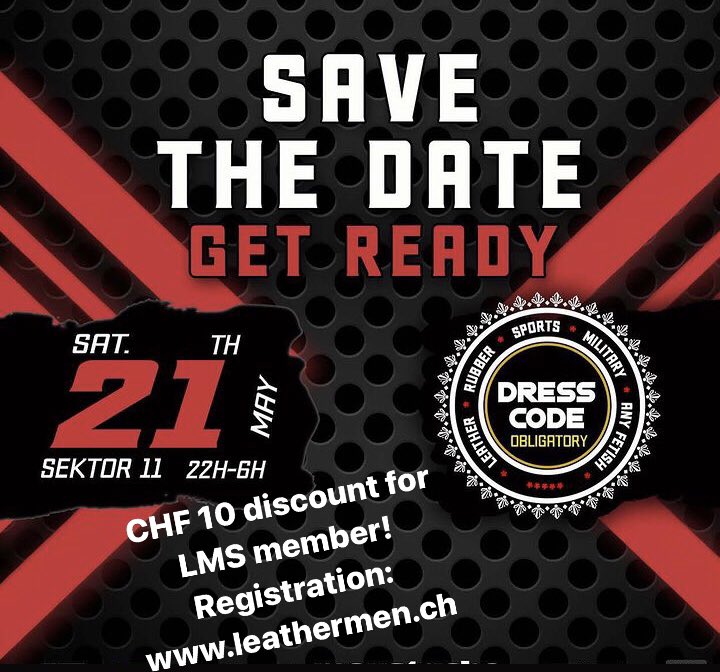 PLAY! Red Edition
21 May, 22:00 

The Fetish Play Party in Zurich for Men only

leathermen.ch/en/event/2022-…

PLAY! Party offers you a place to dive in, to be the way you are, to do what you want to do.