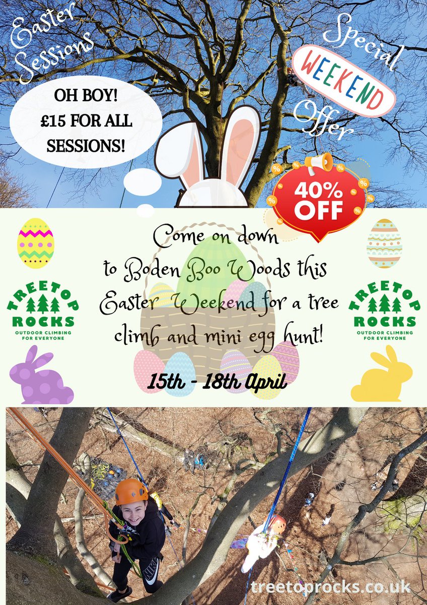 We are now doing a special offer for our Easter Sessions AT 40% OFF so that more folk can access this amazing activity! 

You can now book an Easter climb and Mini Egg-Hunt for £15 from Easter Friday to Easter Monday!

Book here now: treetoprocks.co.uk/bookings