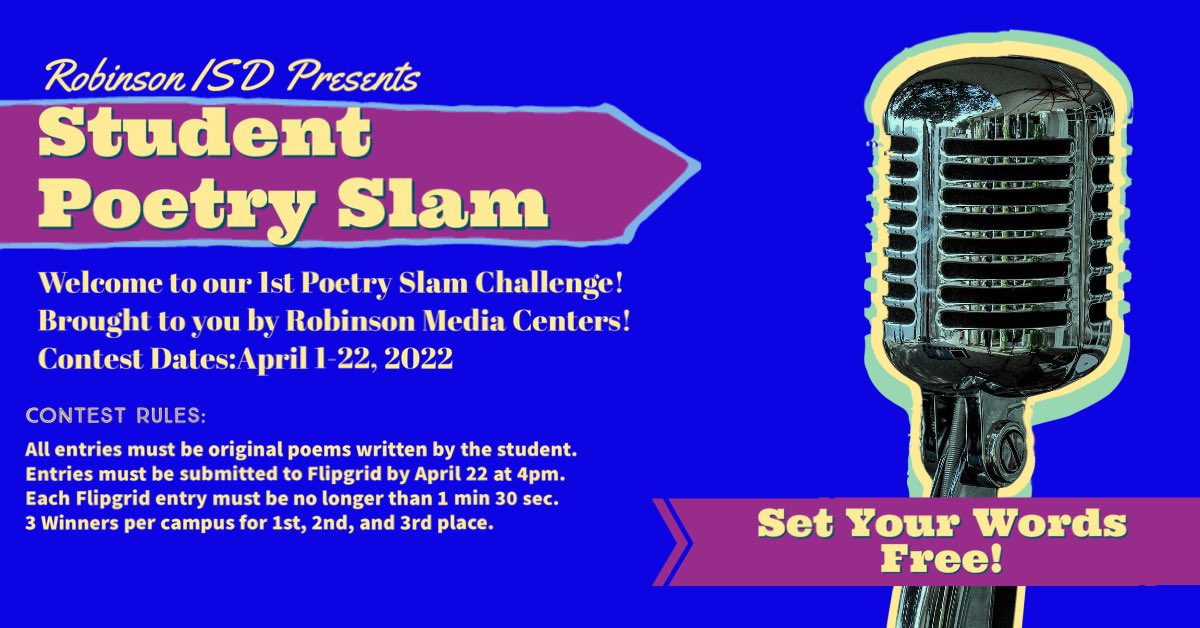 wilthomas3's tweet photo. Yesterday we officially started our @RobinsonISD Poetry Slam contest to celebrate Poetry Month. We are are excited to hear from our amazingly creative students in #RobinsonISD. #PoetryMonth #community #transferoflearning https://t.co/4zArSScrGd