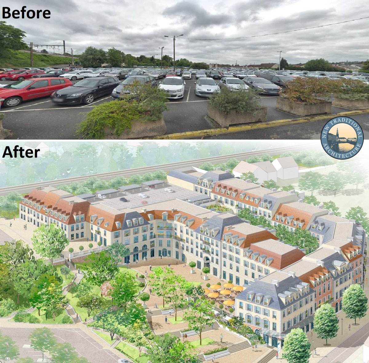 "Quartier de la Gare" in Yerres (Paris area) transforms surface parking to 160 apartments (48 are social housing) adjacent to a train station. Except for housing there will be shops, offices &amp; a police station. The lost surfc parking will be replaced with mostly undergr parking.