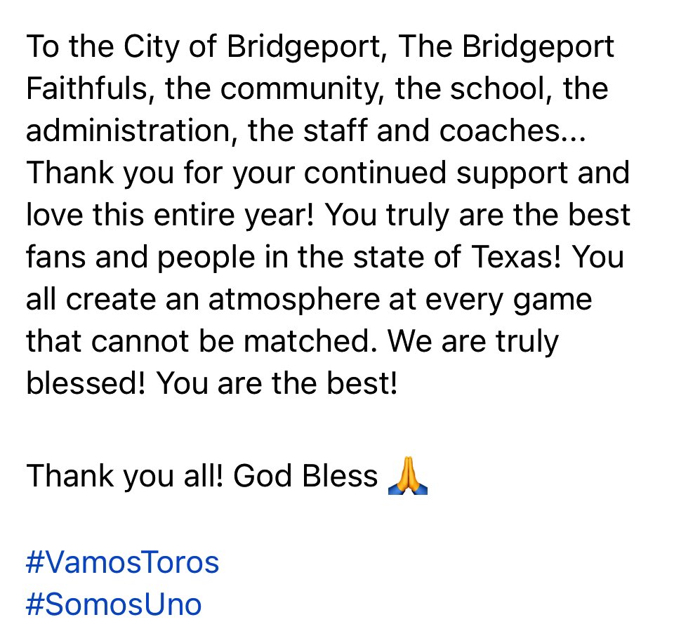 From Coach Bales:
What a season! What a ride! These kids battled and never quit. They don't know how to quit. They have the hearts of Champions! They set goals, set standards, and they accomplished them! They continued to set the bar high for all our future Toros.
#VamosToros