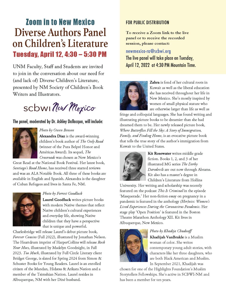 SCBWINewMexico's tweet photo. Join us for this exciting panel on diversity in children's literature in partnership with UNM! Tuesday, April 12, 4:30 PM MT https://t.co/8JNohnZfK8