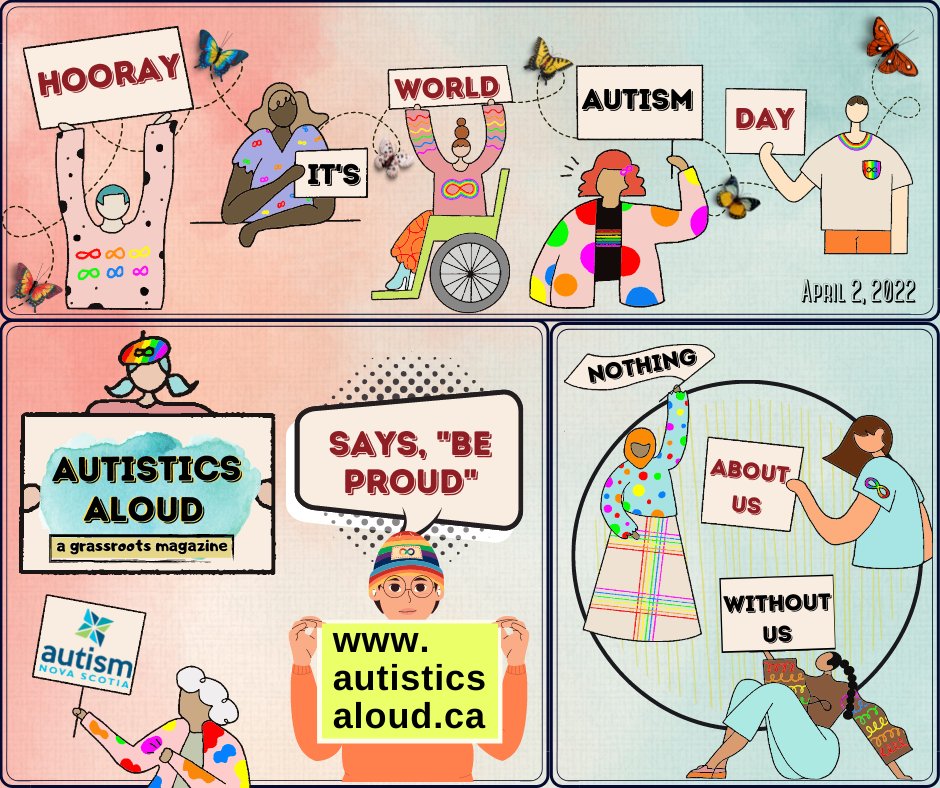 AutisticsAloud's tweet photo. Hooray, it's #WorldAutismDay

#AutisticsAloud says, BE PROUD!

Nothing About Us Without Us.

To see the published works of over 50 #ActuallyAutistic folx, please visit our website :

https://t.co/w8ELFzcwEm

#AutismAcceptanceMonth
#ActuallyAutistic
#AutismDay
#Autistic #autism https://t.co/nKdiT7IfrA