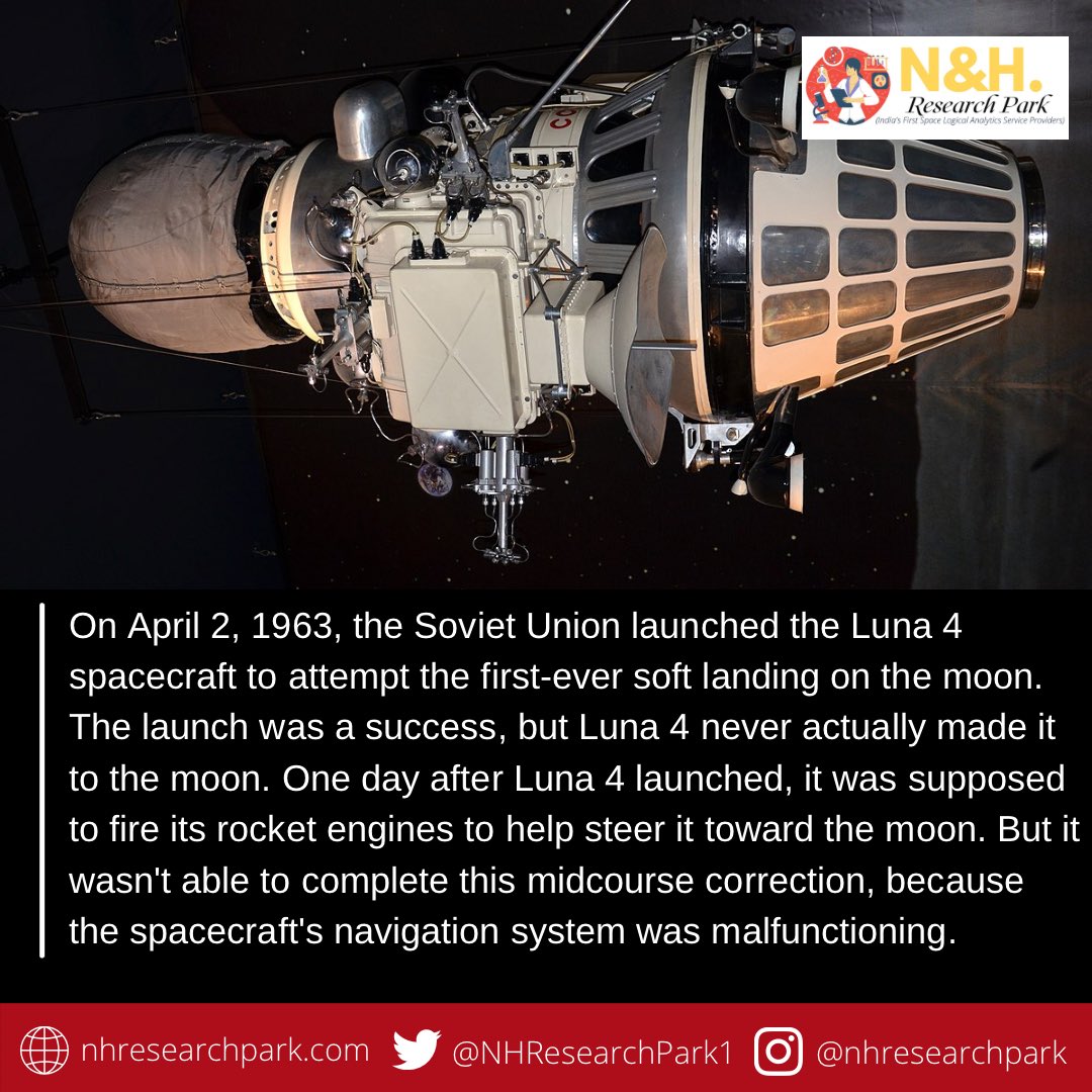 NHResearchPark1's tweet photo. On This Day in Space! April 2, 1963: Luna 4 launches on lunar flyby mission. 

#space #spaceresearch #spacecraft #sovietunion #spacefacts #spacenews #nasa #astronomy #astronomer #astrophysics #aerospaceengineering #nhresearchpark https://t.co/ouXt3CLj5Z