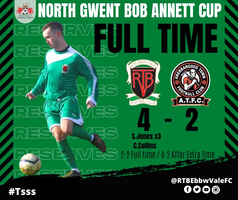 RTBEbbwValeFC's tweet photo. ⚽️| RESERVE TEAM RESULT

FULL TIME:-
RTB’s 4-2 (AET) @AberbargoedTown 

Goals:
@scott__jones97 x3
C. Collins

#Tsss 💚 https://t.co/jE3RKcxEig