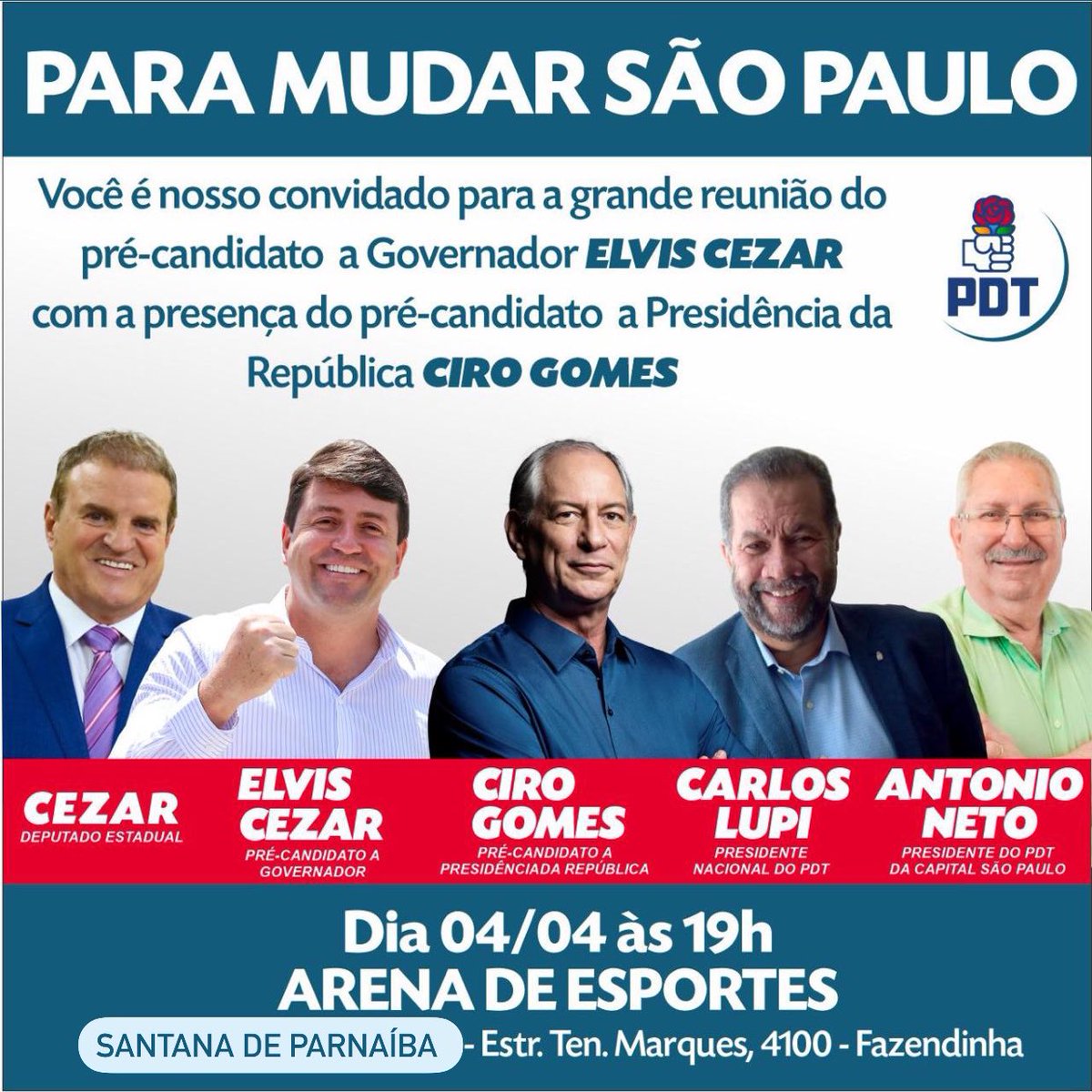 antonionetopdt's tweet photo. Turma boa, precisamos da presença de todos vocês para recepcionar o nosso pré-candidato ao Governo de SP, @elviscezar_ofc, junto com @cirogomes, @aldorebelo, @CarlosLupiPDT, @MarcioNakashima, Deputado Cézar e os diretórios do @PDT_Nacional. Será um evento histórico! Compareçam! https://t.co/a7G4xxbxlo
