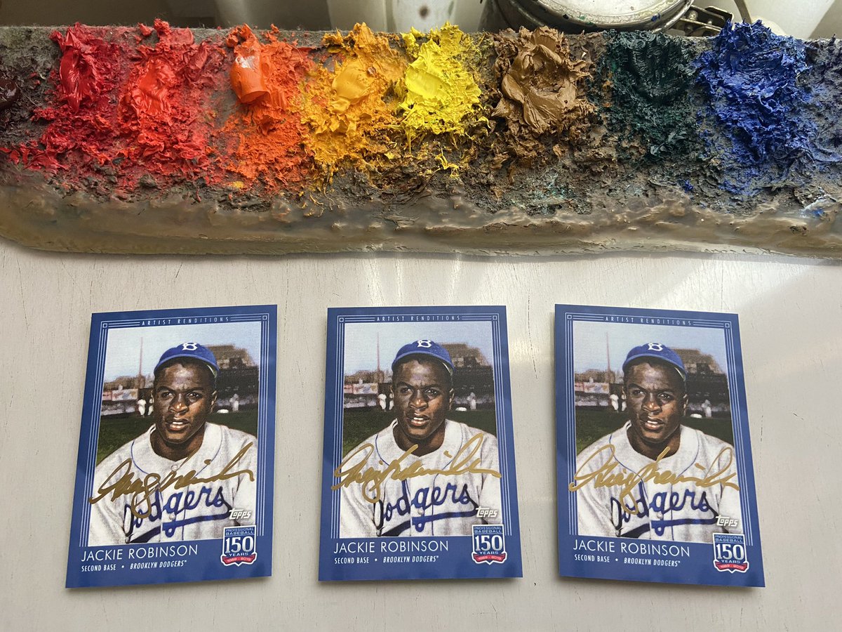 GraigKreindler's tweet photo. Let’s do another one! Follow me and retweet this before 9:00 PM EDT on Wednesday, April 6th and I'll pick three random winners—each will receive a Jackie Robinson @Topps card signed by the guy who painted it (me)! https://t.co/YvtBDMaYYp