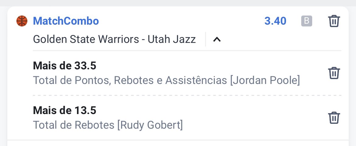 tipzada's tweet photo. 🔥🔥🔥🔥🔥

🏀 - #NBA75  
⏰ - 21:30h
⚠️ - GSW x JAZZ
🍀 - Rudy Gobert +13,5 Reb &amp; Jordan Poole +33,5 PRA 
(MatchCombo)
📈 - Odd 3.40 (Betano)
📝 - Ótimas linhas, dupla (1/2 stake) ou individual! Bota fé! 🤞🏾

#NBA #Basquete #Betano #Bet365 #DubNation  #TakeNote  #Tipzada #Tips https://t.co/nCCsbLdj2R