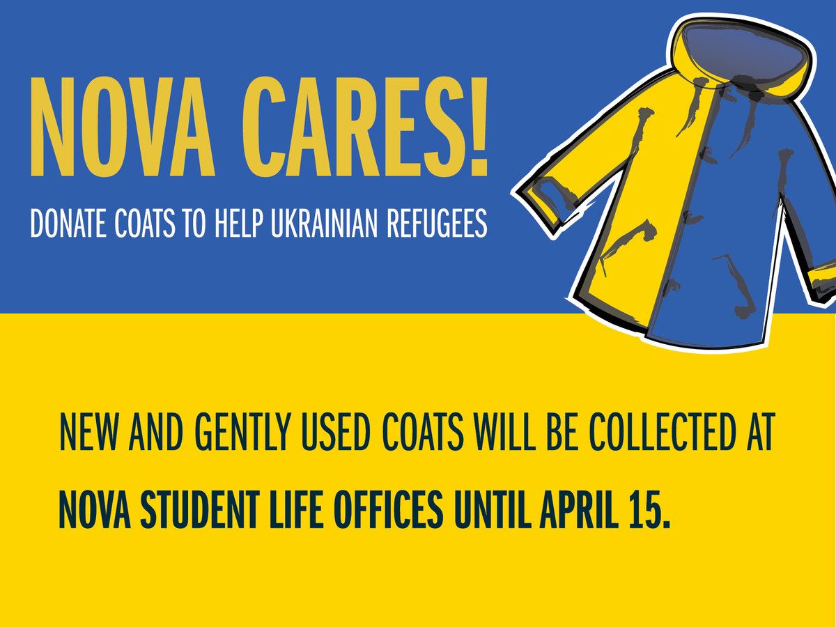 NOVAcommcollege's tweet photo. #NOVA is partnering with @NoVARegion to collect 2,000 coats for Ukrainian refugees by April 15. Please bring your new/gently used blankets, coats, socks, or gloves to NOVA Office of Student Life locations to donate. #NOVAServes
Learn more >> https://t.co/iFq8OpFWYW https://t.co/PtlHkygkPp