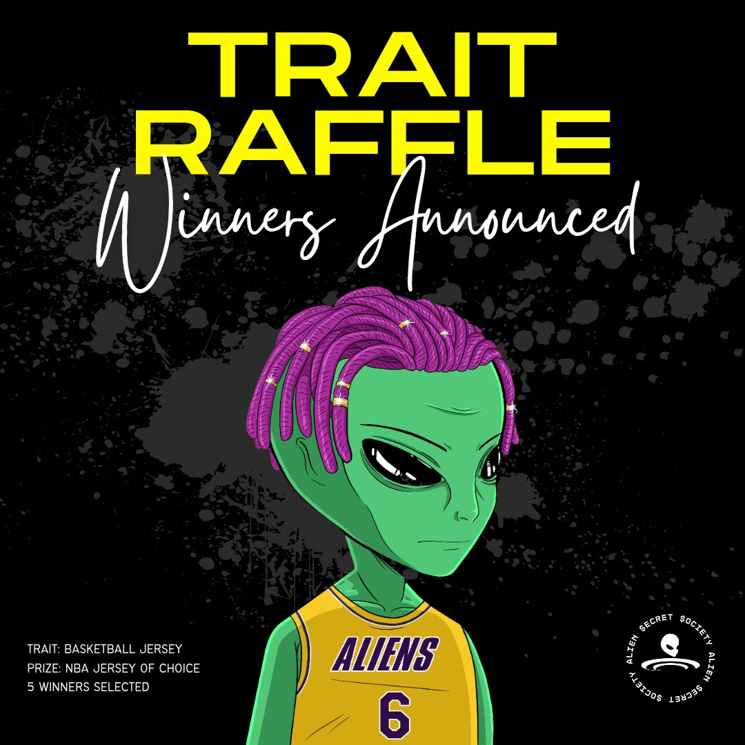 AlienSecretSoc's tweet photo. 🚨 WINNERS ANNOUNCED 🚨

🏀 The 5 winners for this weeks trait raffle have been announced in our #Discord and have each won an official #NBA #Basketball jersey of their choice 🏀

👽 Stay tuned for the next trait raffle giveaway for your chance to win 👽

#ASSfollowASS #NFT #NFTs https://t.co/ecQ6scgUEP