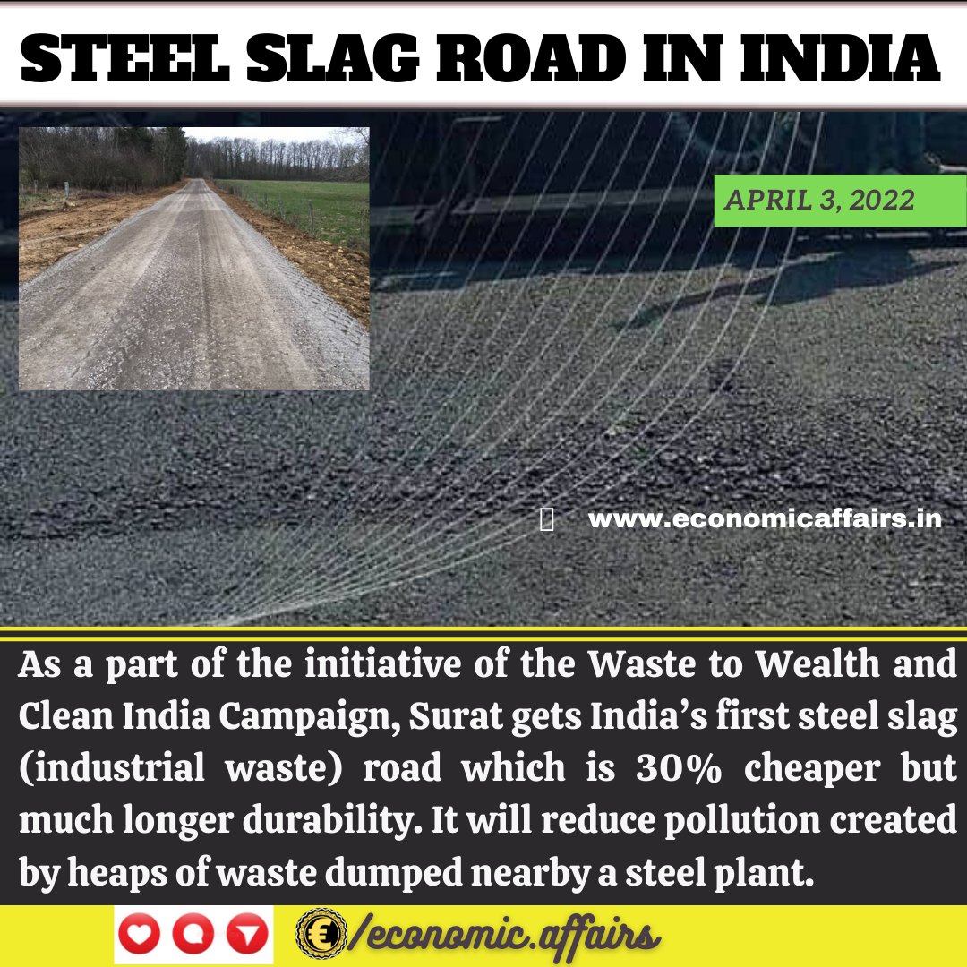 Surat gets India’s first steel slag (industrial waste) road which is 30% cheaper but much longer durability. It will reduce pollution created by heaps of waste dumped nearby a steel plant.
 #investment #stockmarket #nifty50 #niftytrading #niftybank #niftyoptions #nifty  #sensex