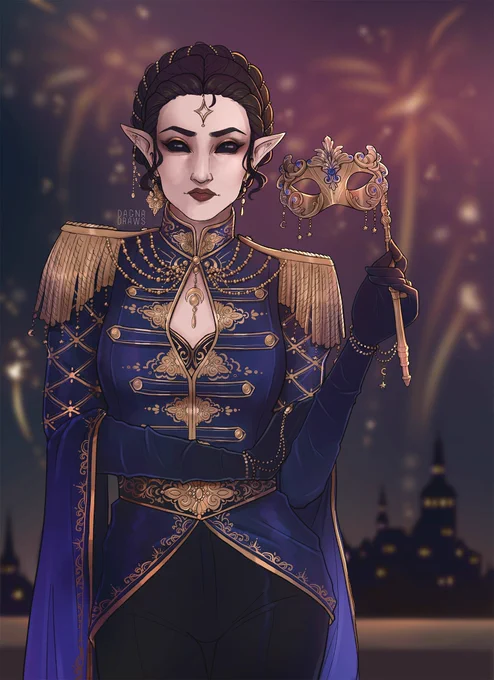 Meet my Character 🧵: Isolde Caelfyn (they/she), a genderfluid elf from a country called Grosseau. Their family has served the country's leader, Archmage Elissar Ililen, for centuries, every eldest child taking up the title of "The Visor", the spymaster. > 