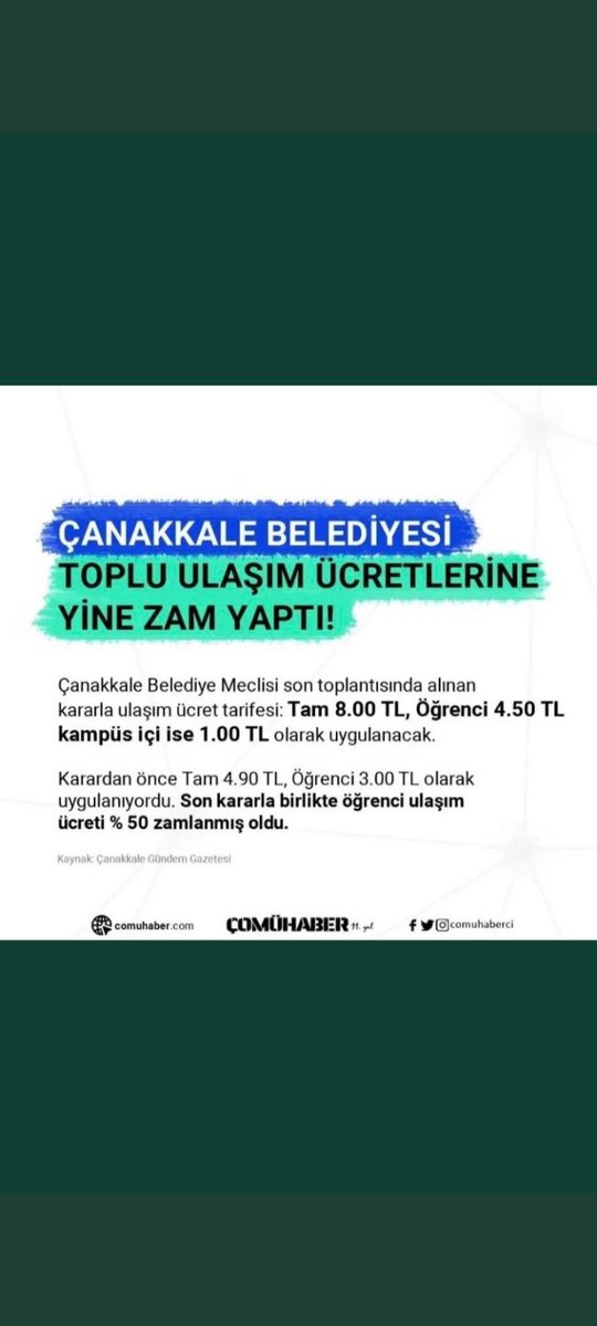 Bursla geçinmeye çalışan öğrenciler için bu ücret çok fazla, mesafe uzun olduğu halde yurttan yürüyerek gelen pek çok öğrencim var. Gerekirse tam bilet fazla olsun ama öğrencilerinkinde artış yapmayın, bu kararınızı tekrar gözden geçirin lütfen <a href="/ckalebelediye/">Çanakkale Belediyesi</a> 
#comuokulagidemiyor