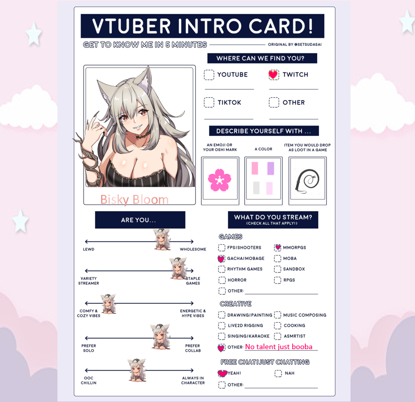 biskybloom's tweet photo. Let's get to know each other a little better, shall we?
#ENVtubers #VTuberUprising #Vtubers #introcard #TwitchAffliate #SmallStreamersCommunity https://t.co/Ib70VoMF8A
