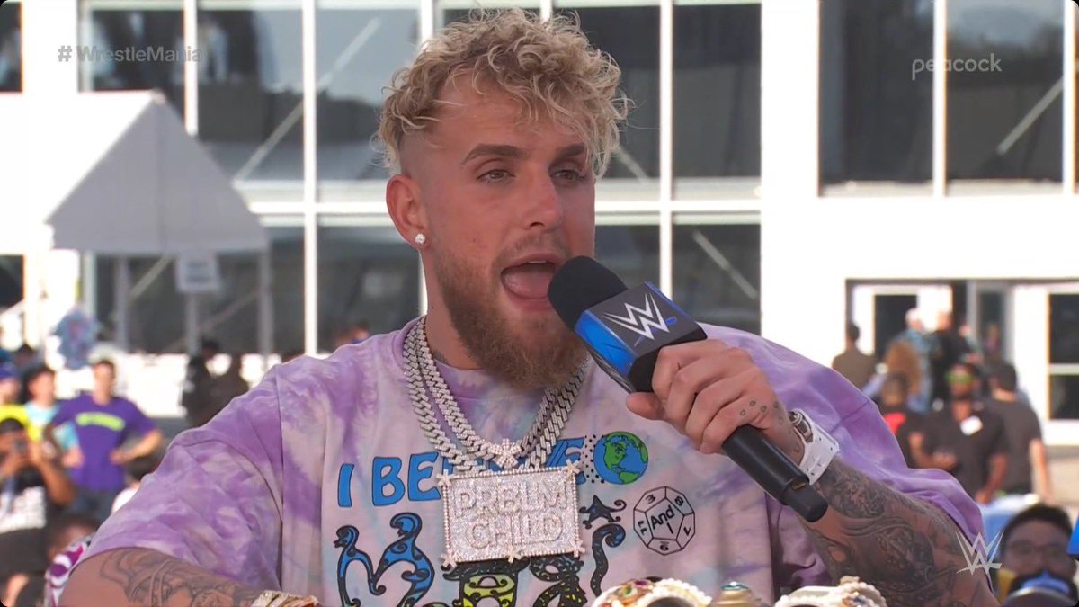 patcheschance's tweet photo. Jake Paul looks like he overdosed on red flags. #WrestleMania https://t.co/RHePaE0gum