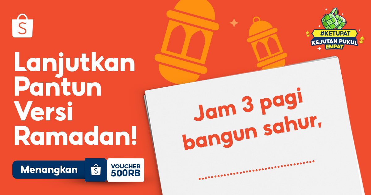 🧡 GIVEAWAY VOUCHER BELANJA 500K 🧡

- Wajib FOLLOW <a href="/ShopeeID/">Shopee Indonesia</a>
- RT &amp; LIKE tweet ini 
- REPLY dengan lanjutin pantun di bawah + #KetupatShopee

Good luck Sobat Shopee! 😗