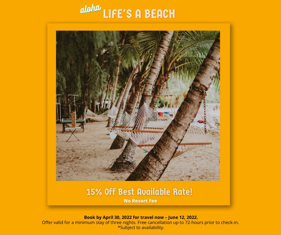 ALOHA! 🌺🌴 Life’s A Beach - 15% Off Best Available Rate! Book direct and plan your escape to our tropical paradise this spring/summer!
bit.ly/38jKImH #hawaii #vacation