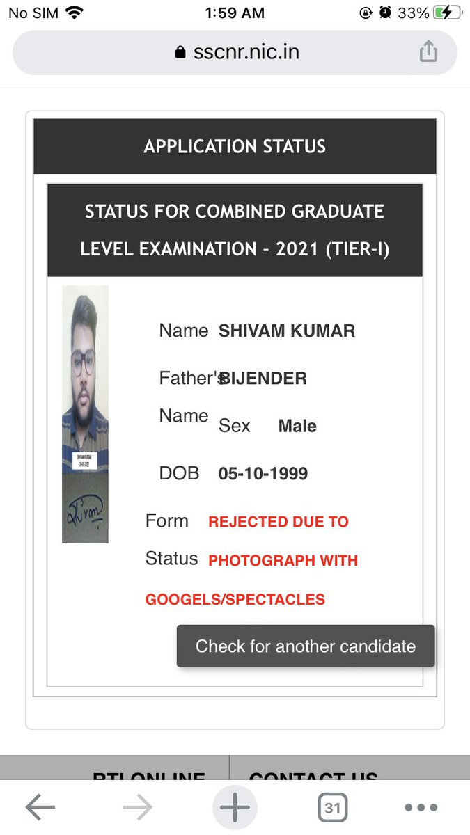 itzshivvu_23's tweet photo. My SSC CGL application form is rejected due to spectacles. Like me many of students got rejected. So, sir Please tell us what we can do or else we'll lost our a whole year. @SSCorg_in @abhinaymaths https://t.co/o5sahdZ5Sv