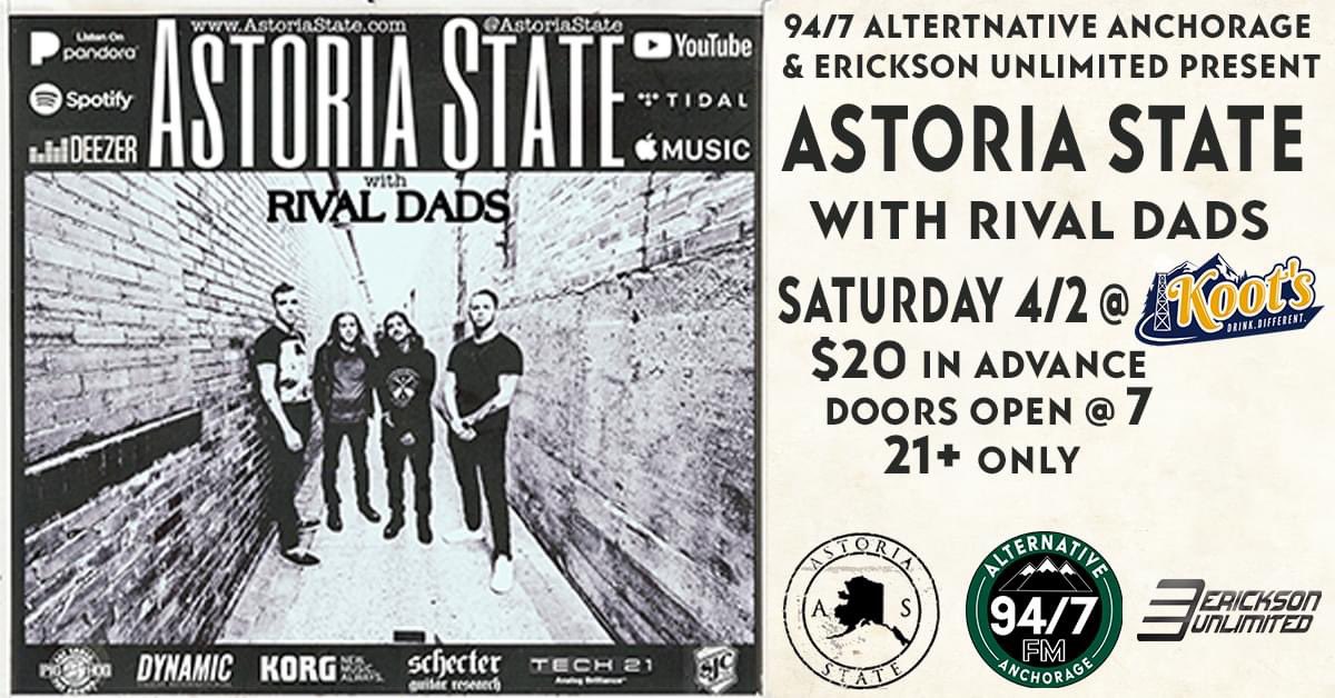RockTheStateAK's tweet photo. Rival Dads and Astoria State play @koots tonight! $20. Doors at 7:30, music at 8pm. https://t.co/kV7eivyPqB
