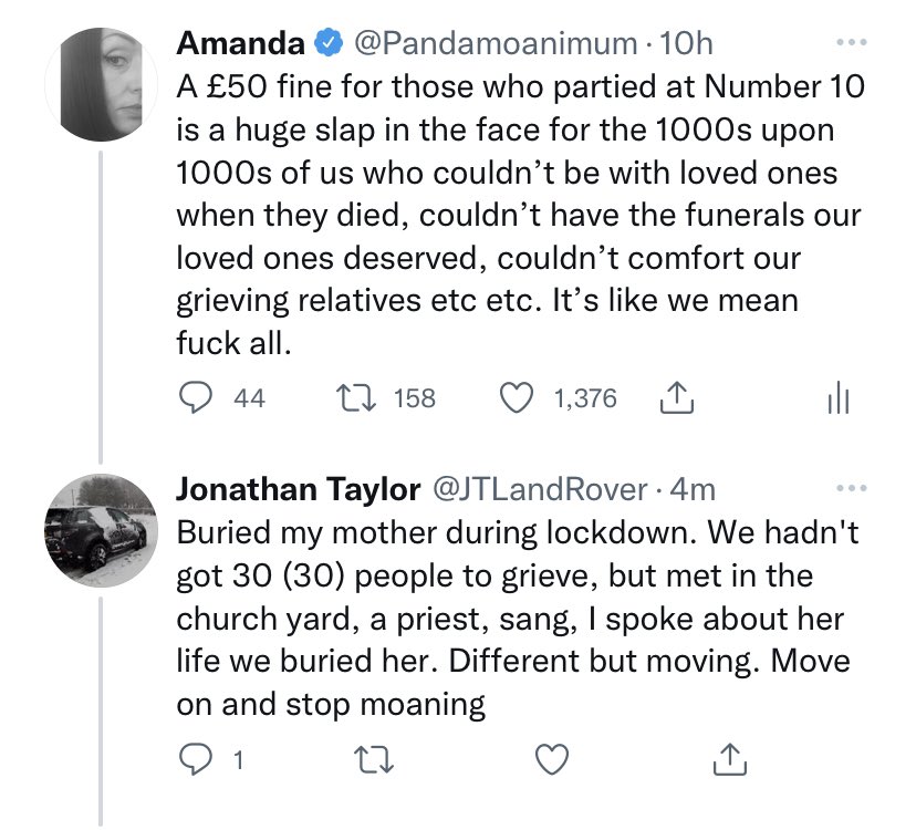 Pandamoanimum's tweet photo. My dad, my grandad, and my mother-in-law all died during the lockdowns. We still followed all the rules. To basically defend these pathetic fines and to go out of your way to say these things to someone you know nothing about is just cruel and heartless. I despair, I really do. https://t.co/kxHC0a0BWO
