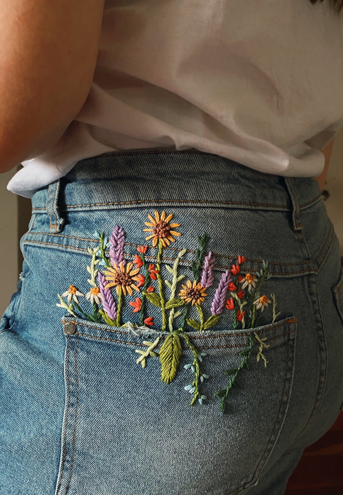 cuffed floral embroidered jeans