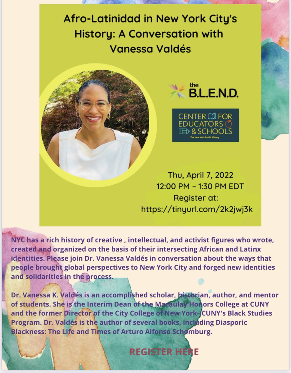 Lamson (@lamson_lam) on Twitter photo Please join Dr. <a href="/SPerezSadler/">Sugeni Pérez-Sadler</a>, and Brian Jones: <a href="/brainyandbrawny/">Brian Jones</a> for “Afro-Latinidad in New York City History,” by @DeanValdesMHC! Brought to you by <a href="/nypl/">NY Public Library</a>, <a href="/NYPLEducators/">NYPL Center for Educators and Schools</a> and #theBLENDnyc
eventbrite.com/e/afro-latinid… Please join Dr. <a href="/SPerezSadler/">Sugeni Pérez-Sadler</a>, and Brian Jones: <a href="/brainyandbrawny/">Brian Jones</a> for “Afro-Latinidad in New York City History,” by @DeanValdesMHC! Brought to you by <a href="/nypl/">NY Public Library</a>, <a href="/NYPLEducators/">NYPL Center for Educators and Schools</a> and #theBLENDnyc
eventbrite.com/e/afro-latinid…