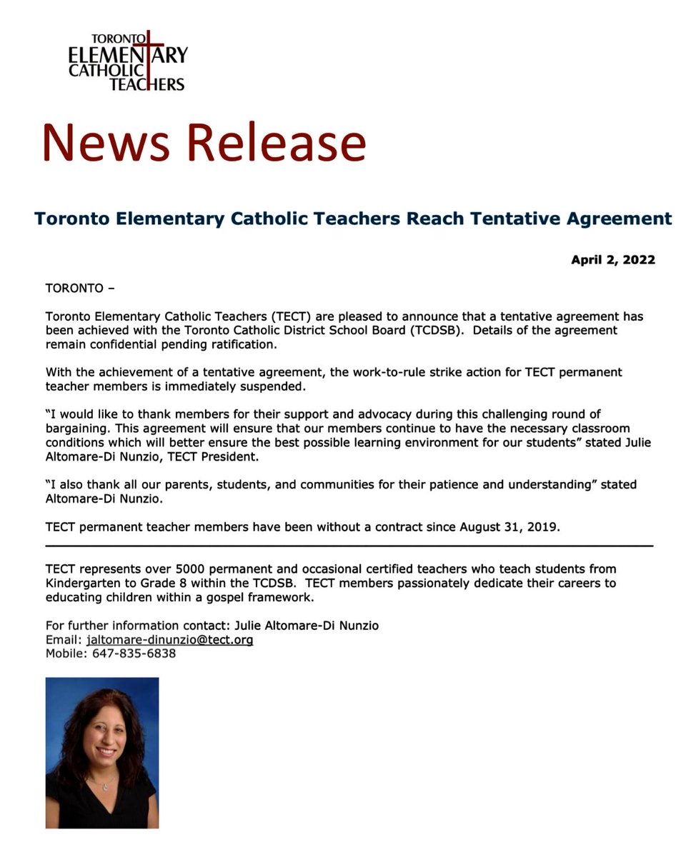 TECT951's tweet photo. TECT has reached a tentative agreement for our permanent teacher members.  Details remain confidential pending ratification. https://t.co/ea5AW7chSk