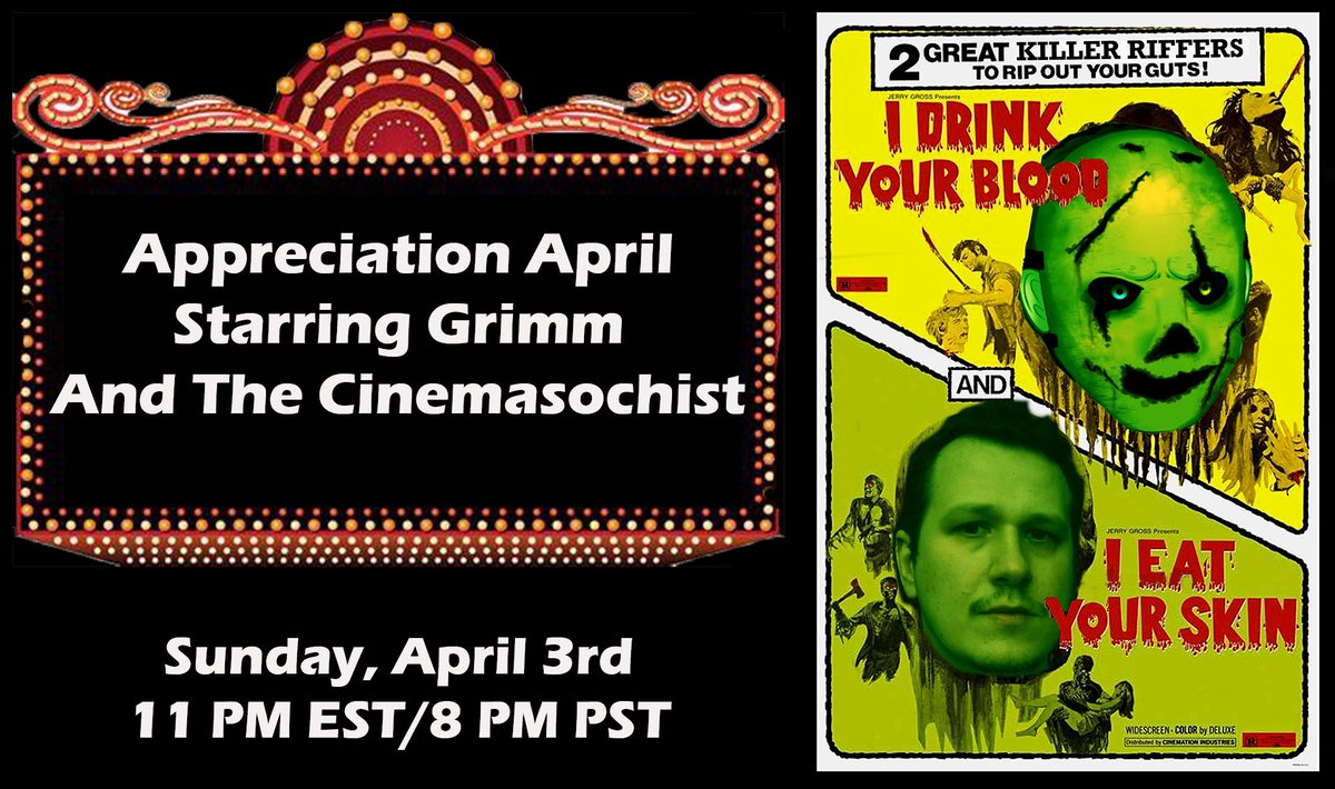 GrimmFXC's tweet photo. That’s right, sweethearts, you heard the man and you know the drill! Tomorrow at 11pm est, Nukie’s Uncle @i_am_nightrider and the buffest of movie buffs @ZineMatica will be riffing these piles of shit with some idiot in a mask. Be there 🔪 #HorrorTuber #Liveriff #HorrorMovies https://t.co/JCchESMXFE